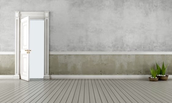 A white door open in a white and grey, plain room.