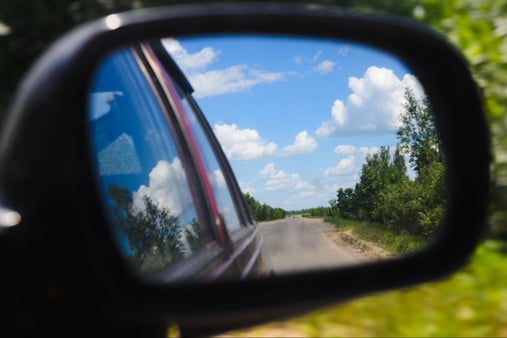 Concept of looking at the year 2024 and preparing for what's ahead. A road in a rearview mirror. 