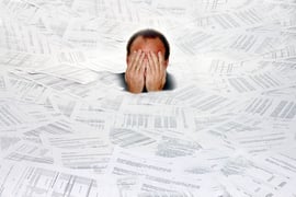 Man drowning in too many insurance benefits and solutions choices