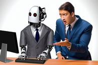 Concept of AI replacing humans. An AI robot doing the work of a person while the person looks on in dismay. 