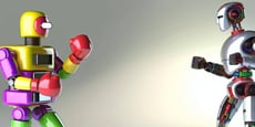 An image of two robots fighting. One robot is a traditional Rock 'Em Sock 'Em Robot, and the other is a futuristic robot. 