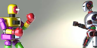 An image of two robots fighting. One robot is a traditional Rock 'Em Sock 'Em Robot, and the other is a futuristic robot. 