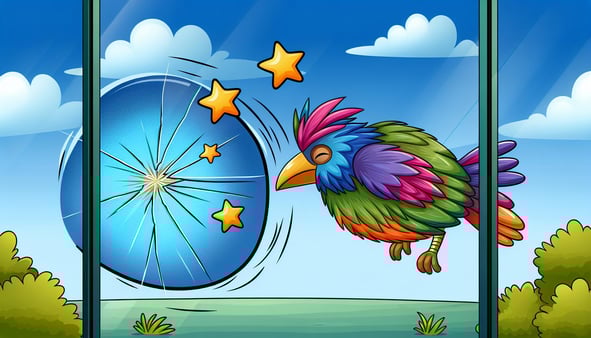 Colorful illustration of a bird hitting a window and seeing stars