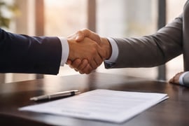 Business handshake over a signed document and pen on a desk, symbolizing an agreement reached after RFP and quoting negotiations.