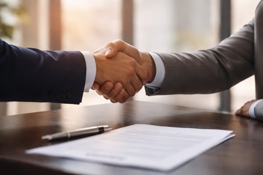 Business handshake over a signed document and pen on a desk, symbolizing an agreement reached after RFP and quoting negotiations.