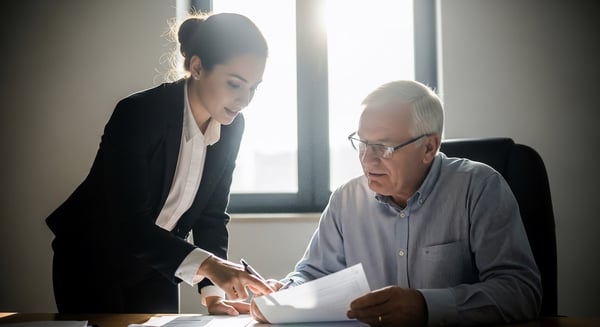 An employee with an employee, going over paperwork. 