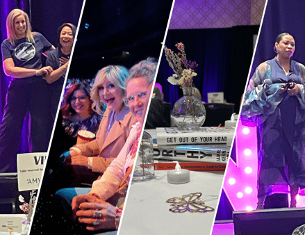 People speaking on stage and watching at Women's Leadership Summit