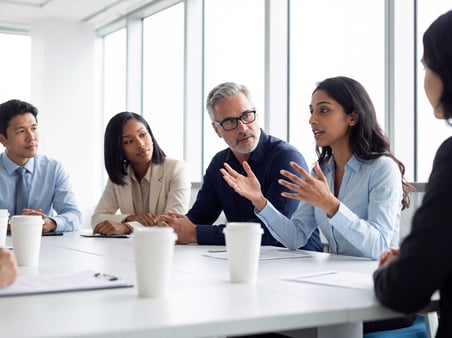 A benefits producer explains her proposal to a group of company decision makers seated around a conference table in a bright office.