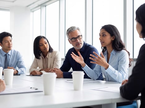 A benefits producer explains her proposal to a group of company decision makers seated around a conference table in a bright office.