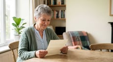 Older woman smiling as she reads a mailed notice about her prescription drug coverage at her kitchen table.
