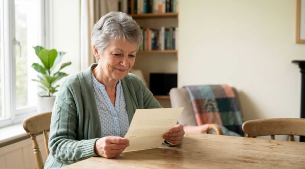 Older woman smiling as she reads a mailed notice about her prescription drug coverage at her kitchen table.