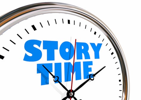 Clock showing hands and pointing to the words Story Time