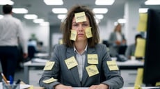Defeated business woman with urgent sticky notes all over her
