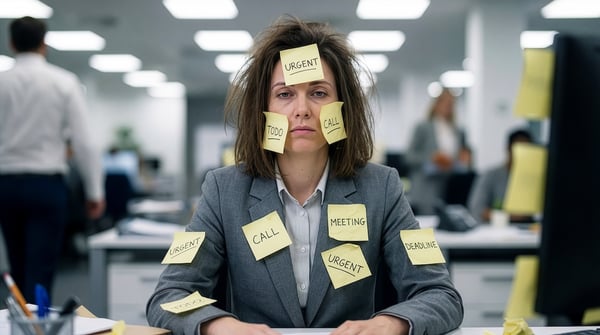 Defeated business woman with urgent sticky notes all over her
