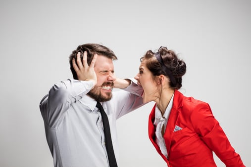 The concept of the blame game vs. real growth. Frustrated team members blaming each other. 